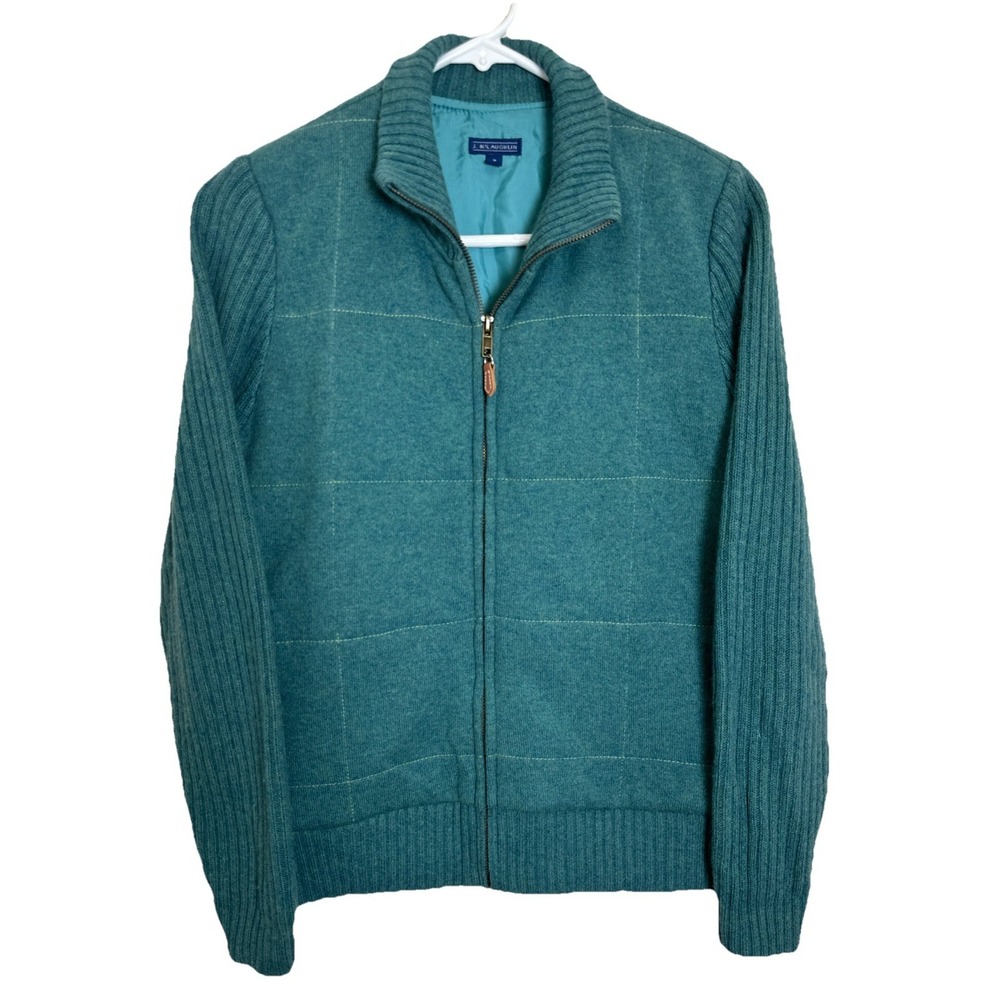 J. McLaughlin Green‎ Quilted Knit Sleeves Cashmere Cotton Full Zip Sweater Small